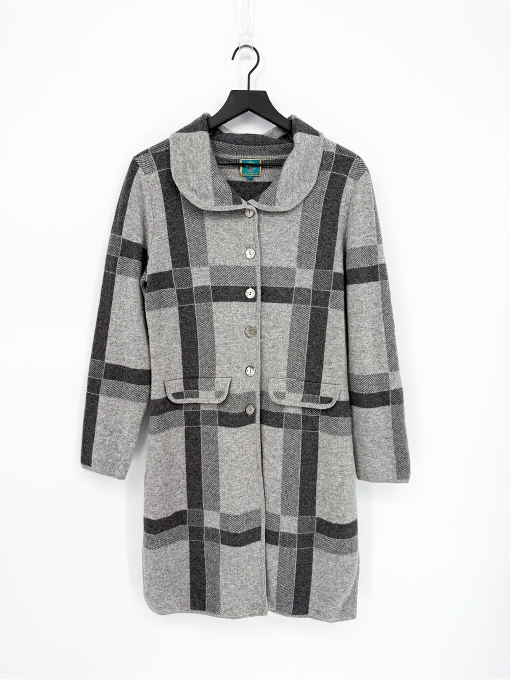 Altai Cashmere 100% Cashmere Long Plaid Cardigan Coatigan Collared Gray Large